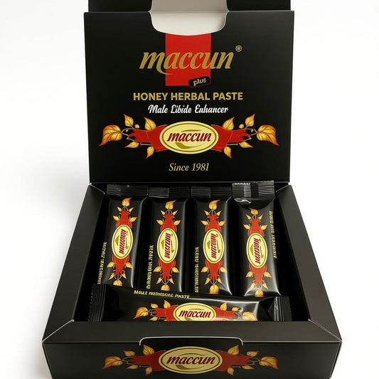 Box of Maccun honey herbal paste with multiple packets inside on a white background