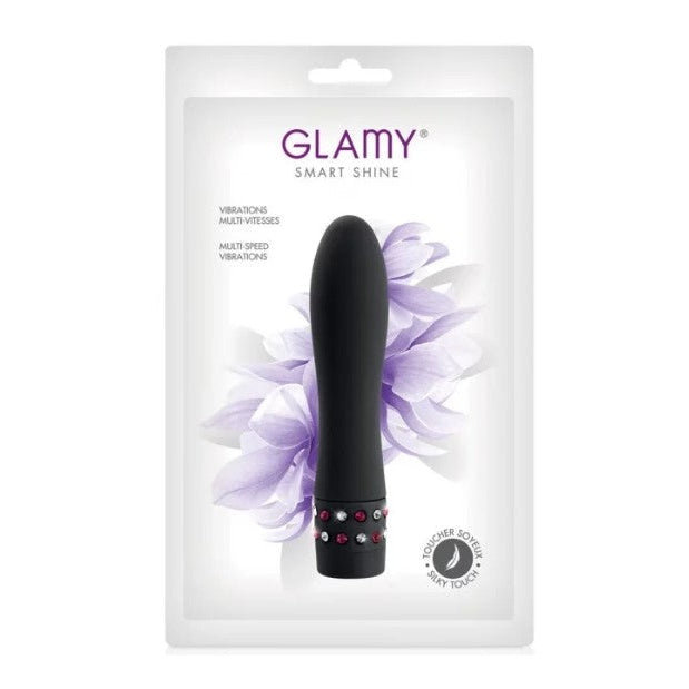 Black vibro bullet with decorative elements on a white packaging featuring the brand 'Glamy'.
