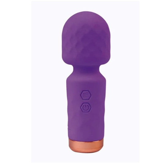 Purple and copper-colored handheld massager on a white background
