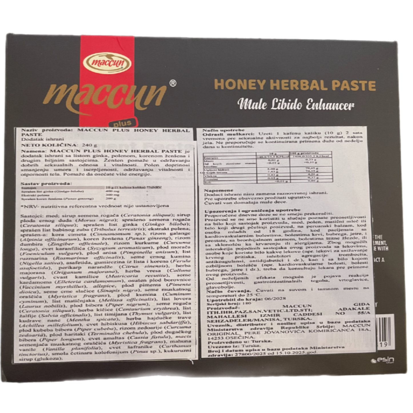 Back of a Mccloy Honey Herbal Paste packaging with text and branding.